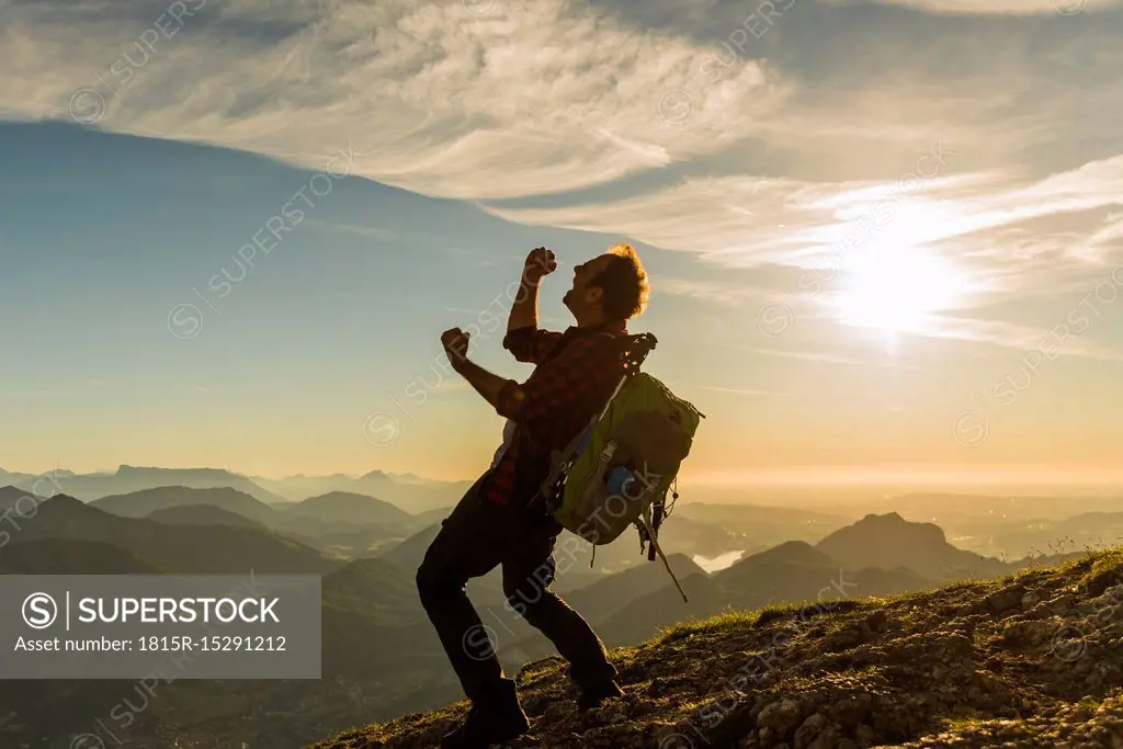 Austria, Salzkammergut, Hiker reaching summit, raising arms, cheering