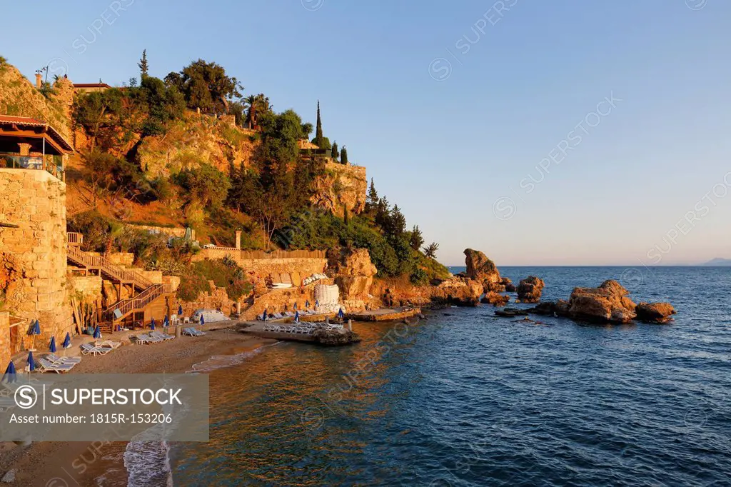 Turkey, Antalya, Beach at harbor