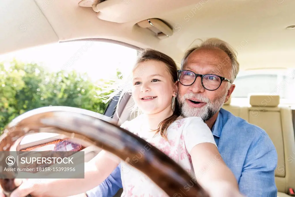 Little girl sitting on lap of grandfather, pretending to steer the car