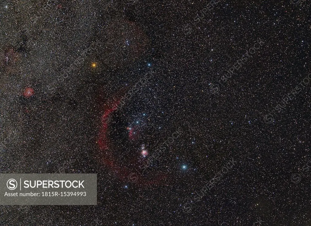 Astrophotography, constellation Orion with nebulae and different colours of the stars