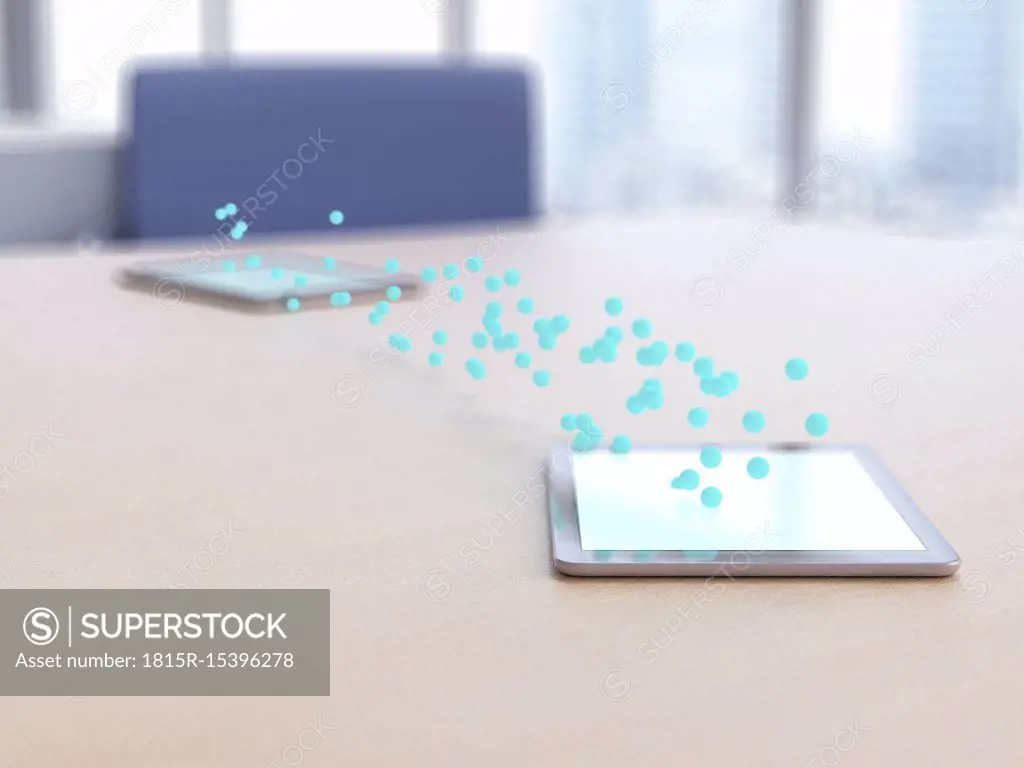 3D rendering, Blue bubbles transferring data from digital tablet