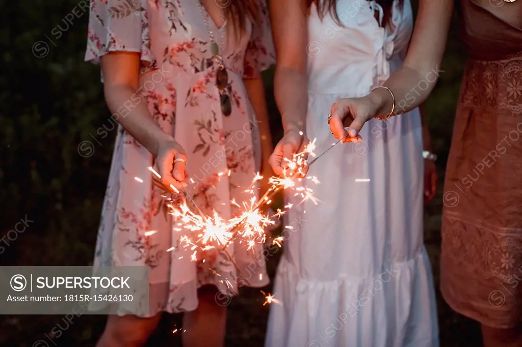 Friends having a picnic in a vinyard, burning sparklers