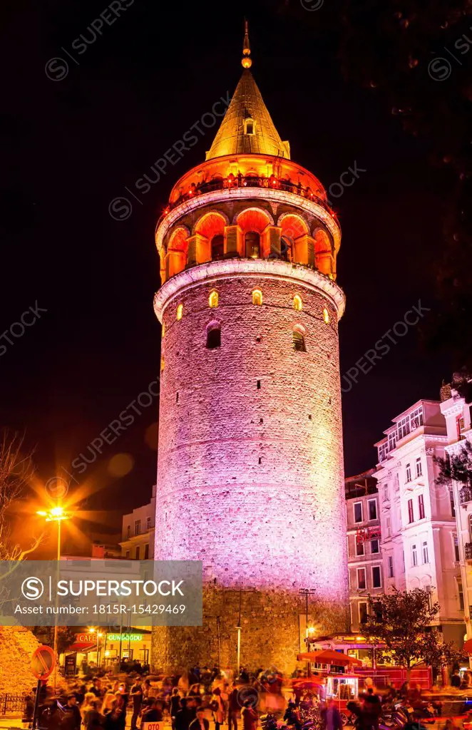 Turkey, Istanbul, Galata tower at night