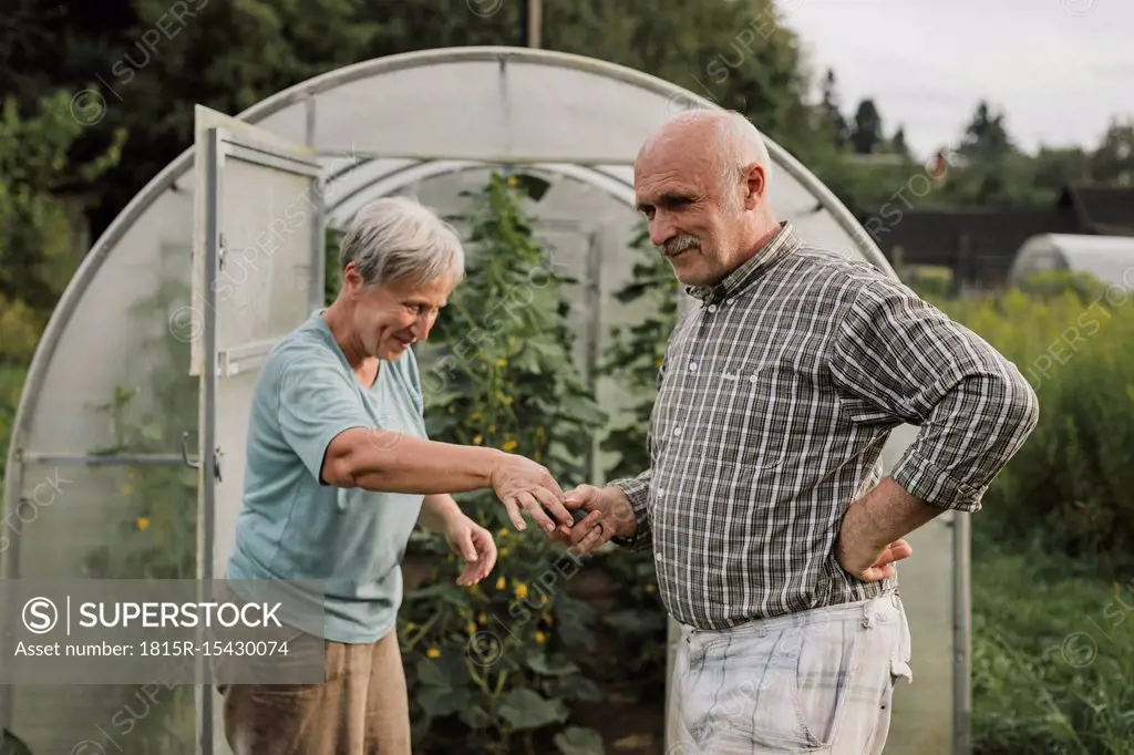 Smiling senior couple in front of green house