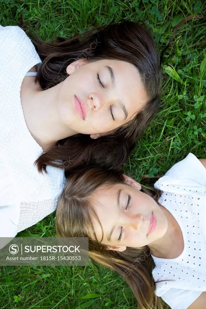 Two sisters resting together on a meadow