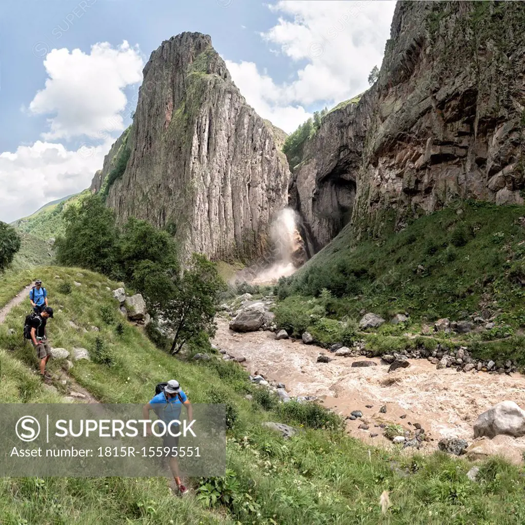 Russia, Caucasus, Mountaineers hiking in Upper Baksan Valley