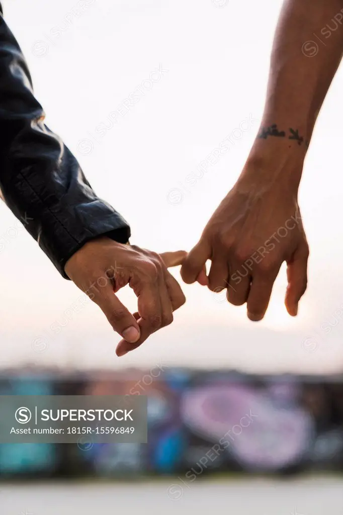 Close-up of lesbian couple holding hands outdoors