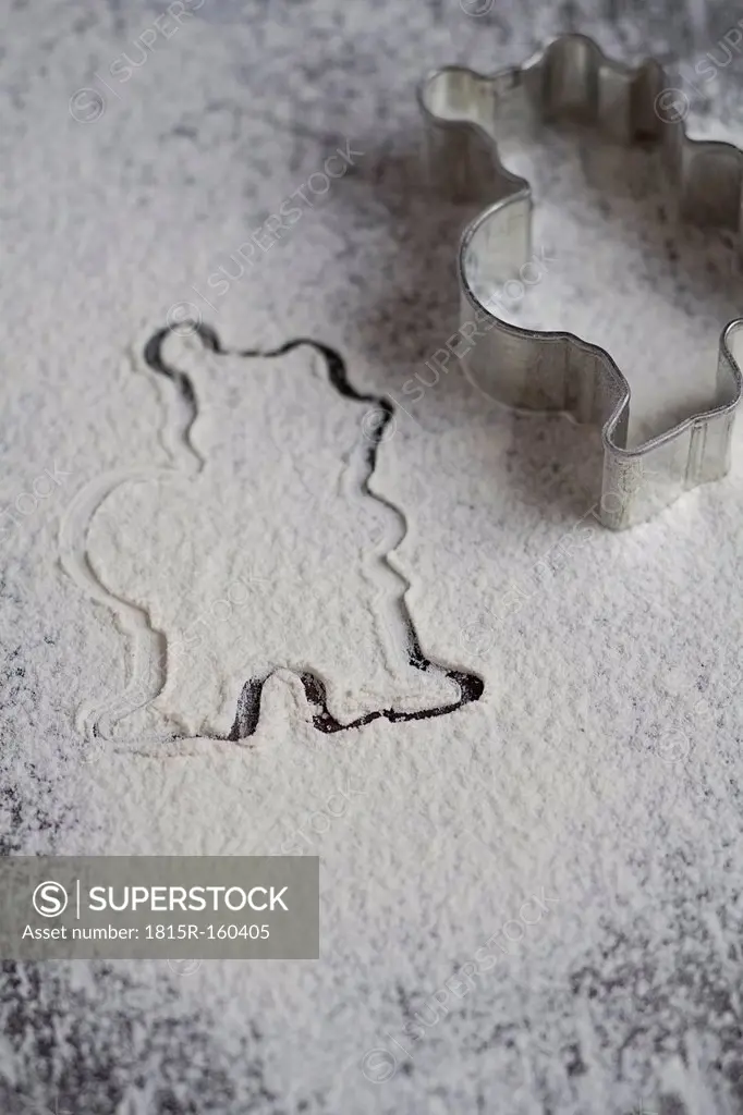 Silhouette of a Christmas cookies cutter in powdered sugar