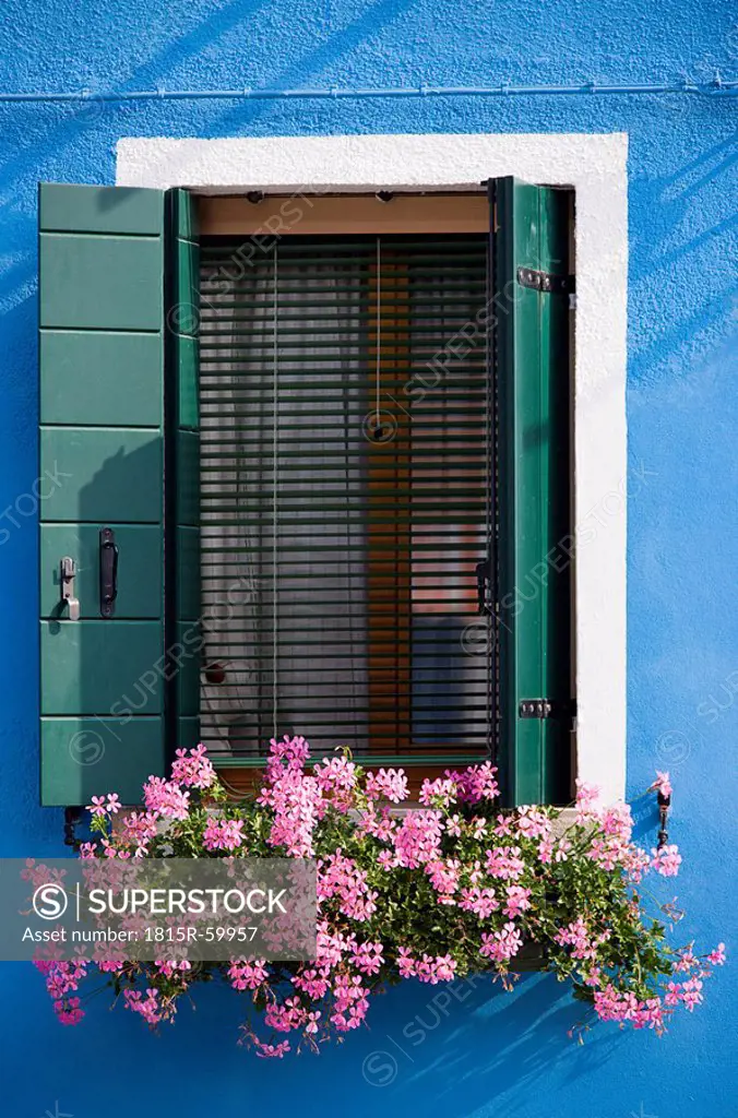 Italy, Venice, Burano, Window, Flower box with geranium flowers