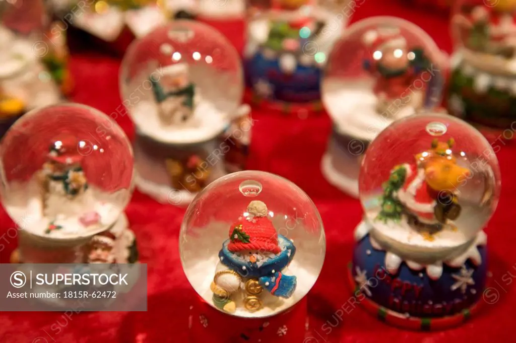 Germany, Baden Württemberg, Esslingen, Christmas snow globes on street stall