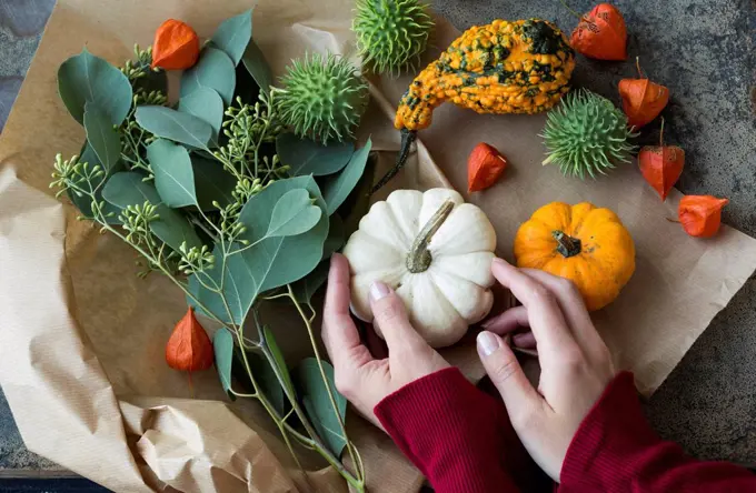 Autumnal decoration, woman's hand taking ornamental pumpkin