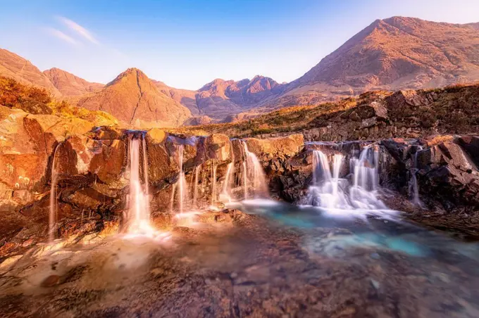 Scenic view of Fairy Pools waterfall, Glenbrittle, Isle of Skye, Highlands, Scotland, UK