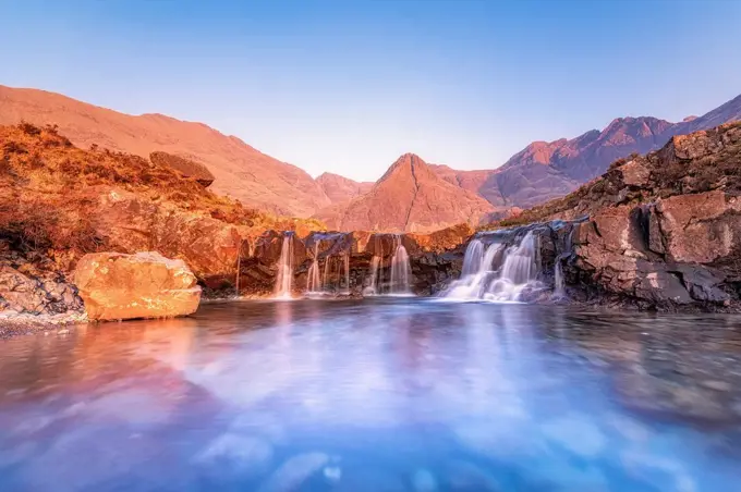 Scenic view of Fairy Pools waterfall, Glenbrittle, Isle of Skye, Highlands, Scotland, UK