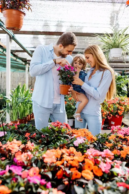 Happy mother, father and daughter buying flowers in a garden center