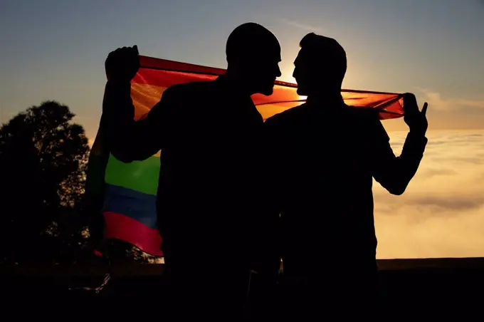 Silhouette of gay couple with gay pride flag in backlight