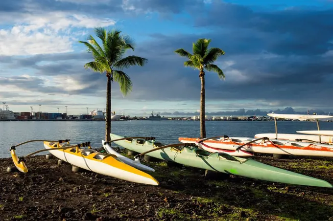 French Polynesia, Tahiti, Papeete, kayaks on the beach