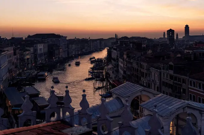 Italy, Venice,High angle view of old town and Grand Canal at sunset