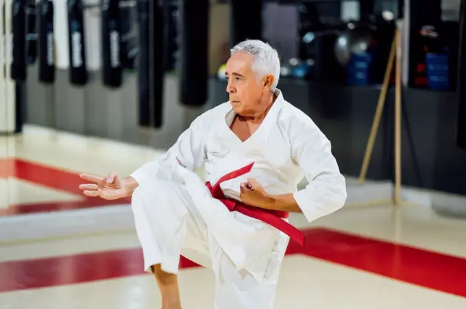 Senior man practicing karate in gym