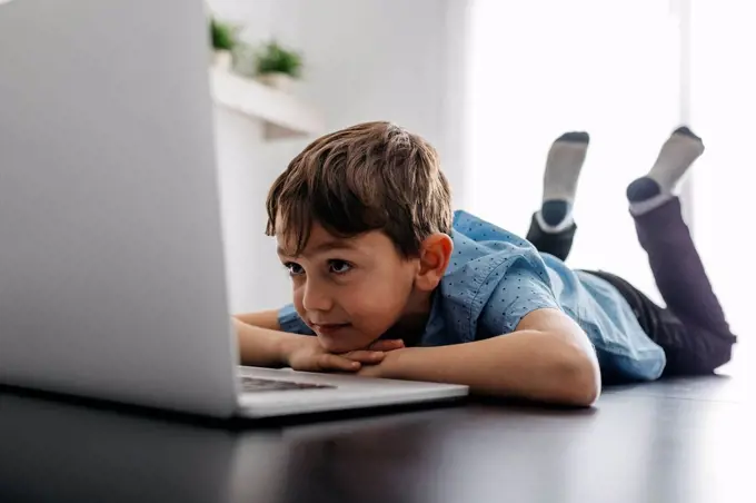 Boy lying on desk looking at laptop