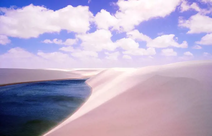 Rainwater lagoons in white dunes, Lencois Maranhenses National Park, Brazil