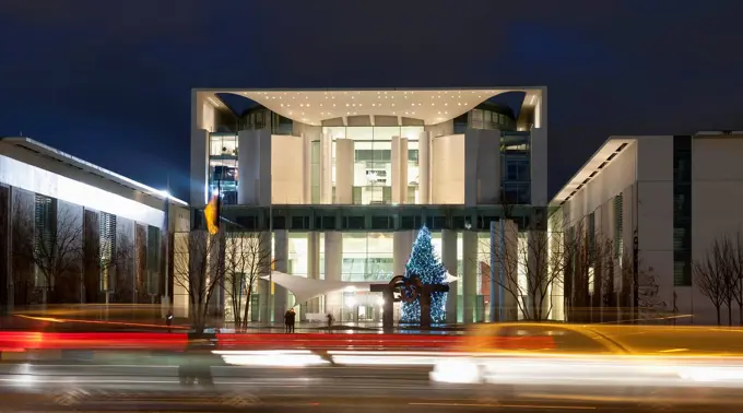 Germany, Berlin, View of chancellery with christmas tree at night