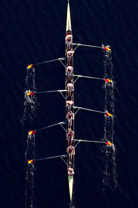 Elevated view of rowing eight in water