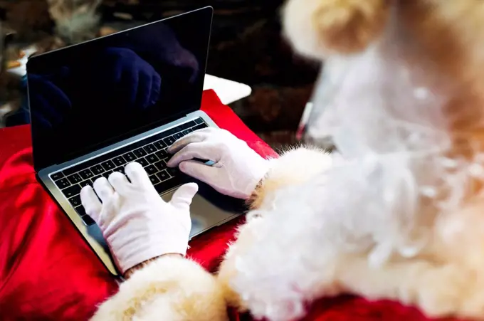 Man wearing Santa Claus costume using laptop while sitting at home