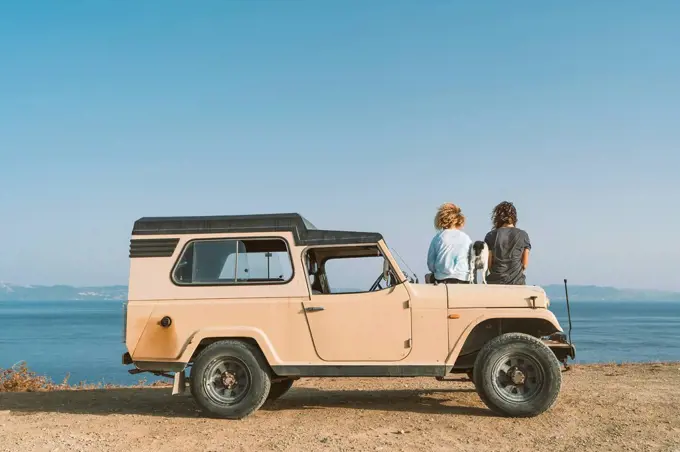 Young man and woman admiring sea view while sitting with dog on car at beach