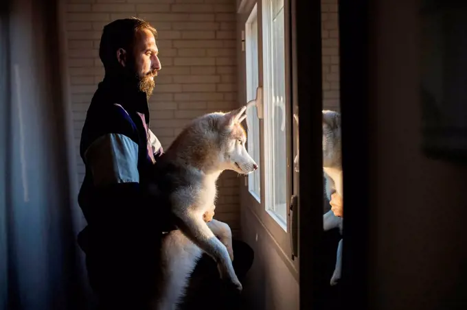 Male pet owner holding Siberian husky while looking through window from home