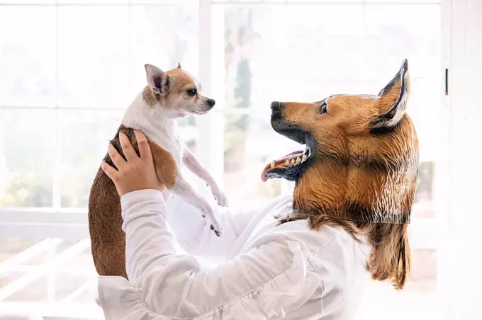 Girl wearing dog mask carrying puppy while standing at home