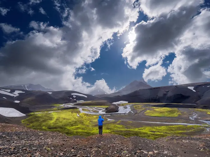 Mid adult man looking at view while standing on land at Fjallabak Nature Reserve