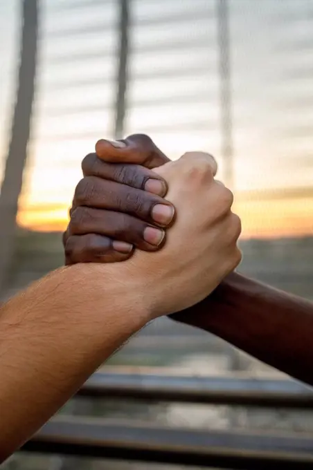 Male friends greeting with handshake