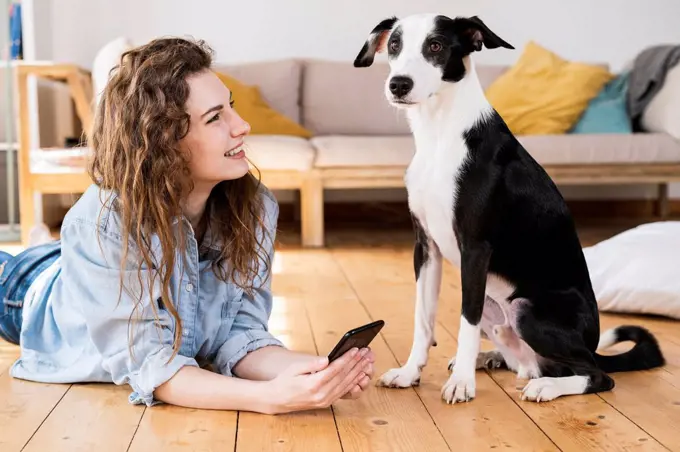 Beautiful woman with long hair holding smart phone while looking at dog in living room