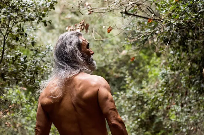 Shirtless senior man standing in forest