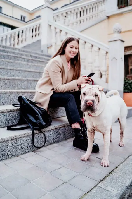 Smiling woman with mobile phone sitting by purebred dog on steps