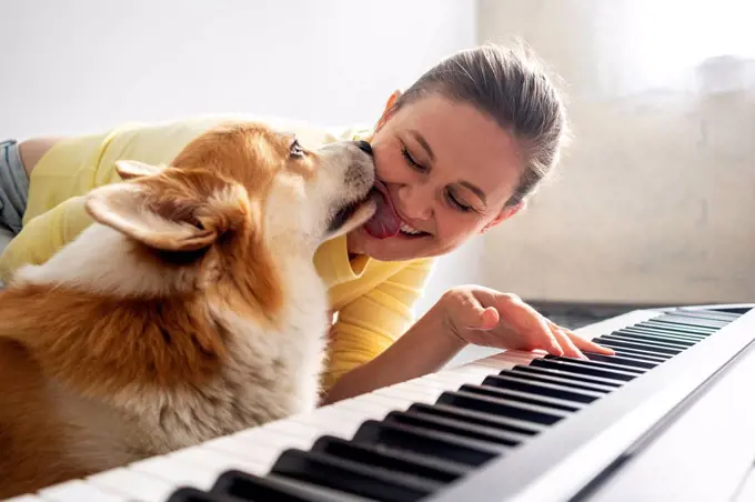 Dog licking smiling woman practicing piano at home