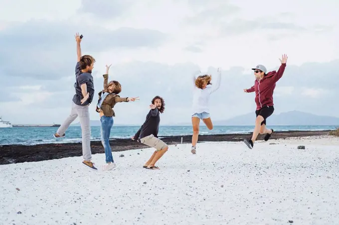 Carefree friends jumping at beach