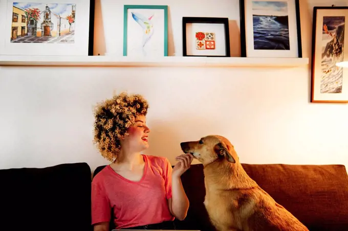 Smiling young woman sitting with dog on sofa in living room at home