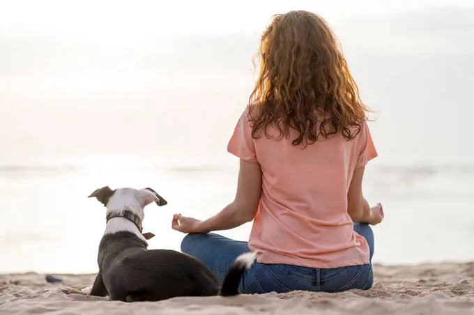 Redhead woman meditating by dog at beach