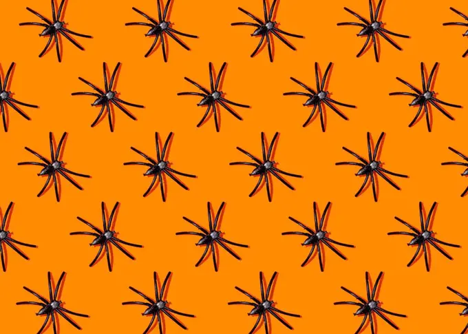 Pattern of black spiders against orange background