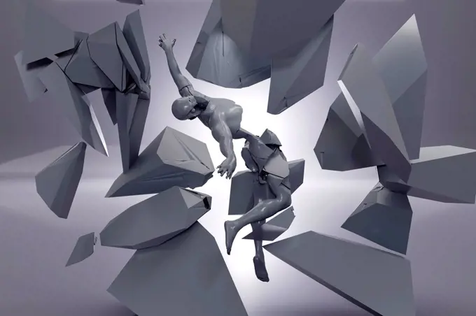 Three dimensional render of human breaking down into pieces symbolizing psychological trauma