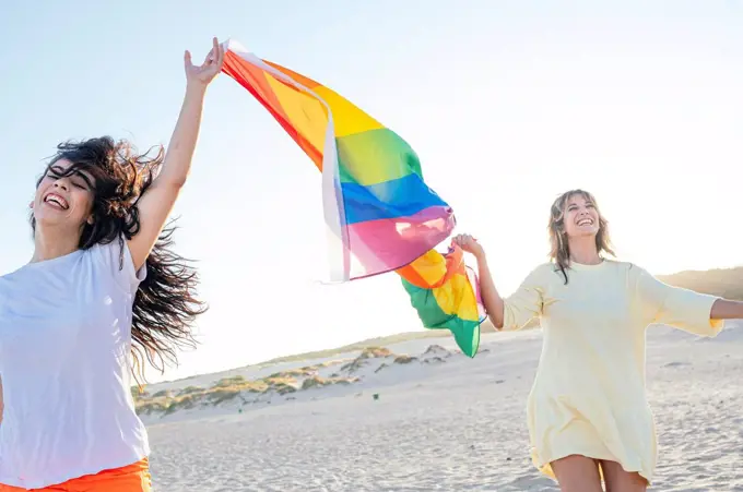 Cheerful young women holding rainbow flag while waking at beach