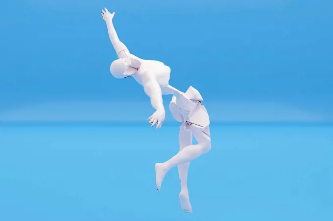 Three dimensional render of¶ÿbroken human figure falling down against blue background