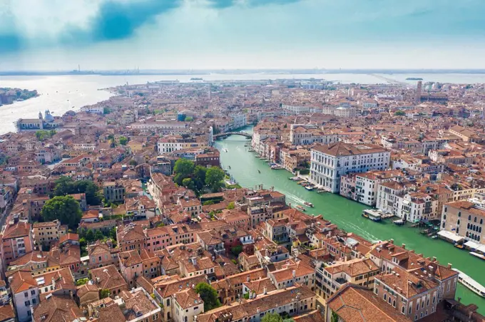 Italy, Veneto, Venice, Aerial view of Grand Canal and Dorsoduro district in summer