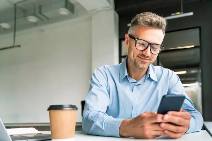 Male business professional using smart phone in office