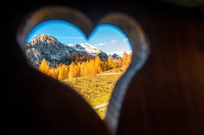 Alpine grove in autumn seen through heart shaped hole