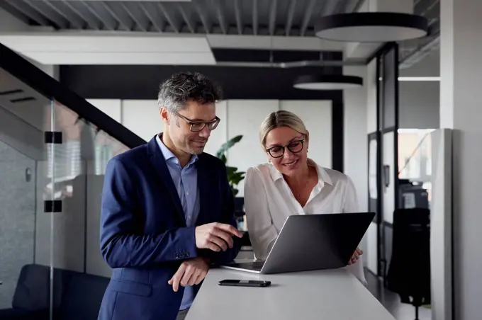 Business colleagues sharing laptop at office