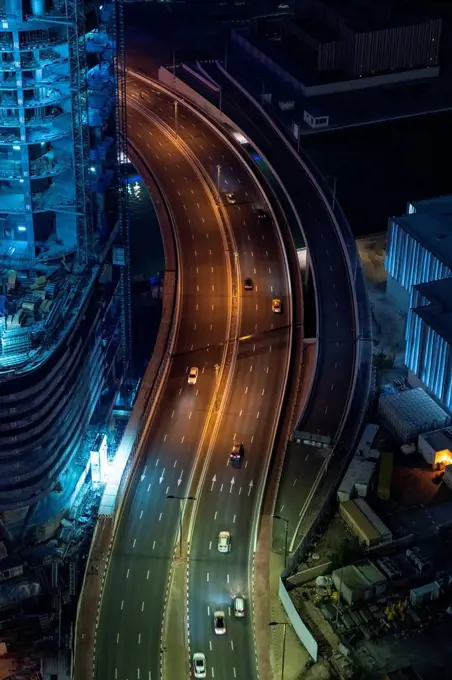 United Arab Emirates, Dubai, Traffic in Dubai Marina at night