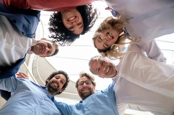 Cheerful multiracial business colleagues huddling at office