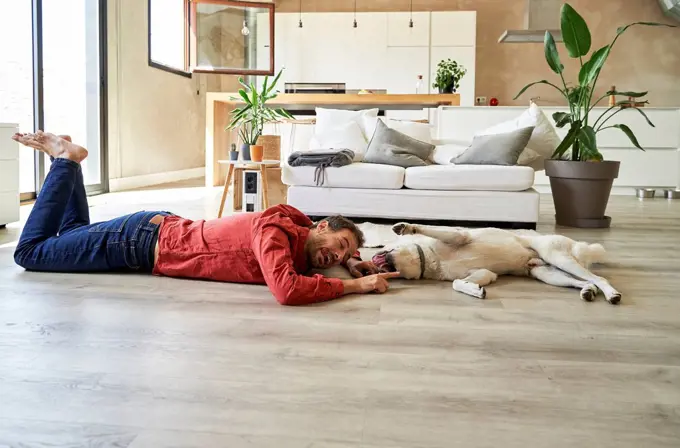 Man and dog having fun together at home